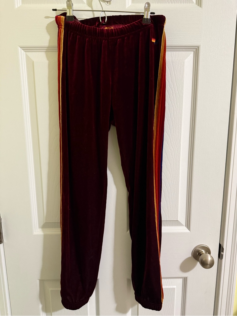 Aviator Nation Classic Velvet Rainbow 5-Stripe Sweatpant in Burgundy/Maroon